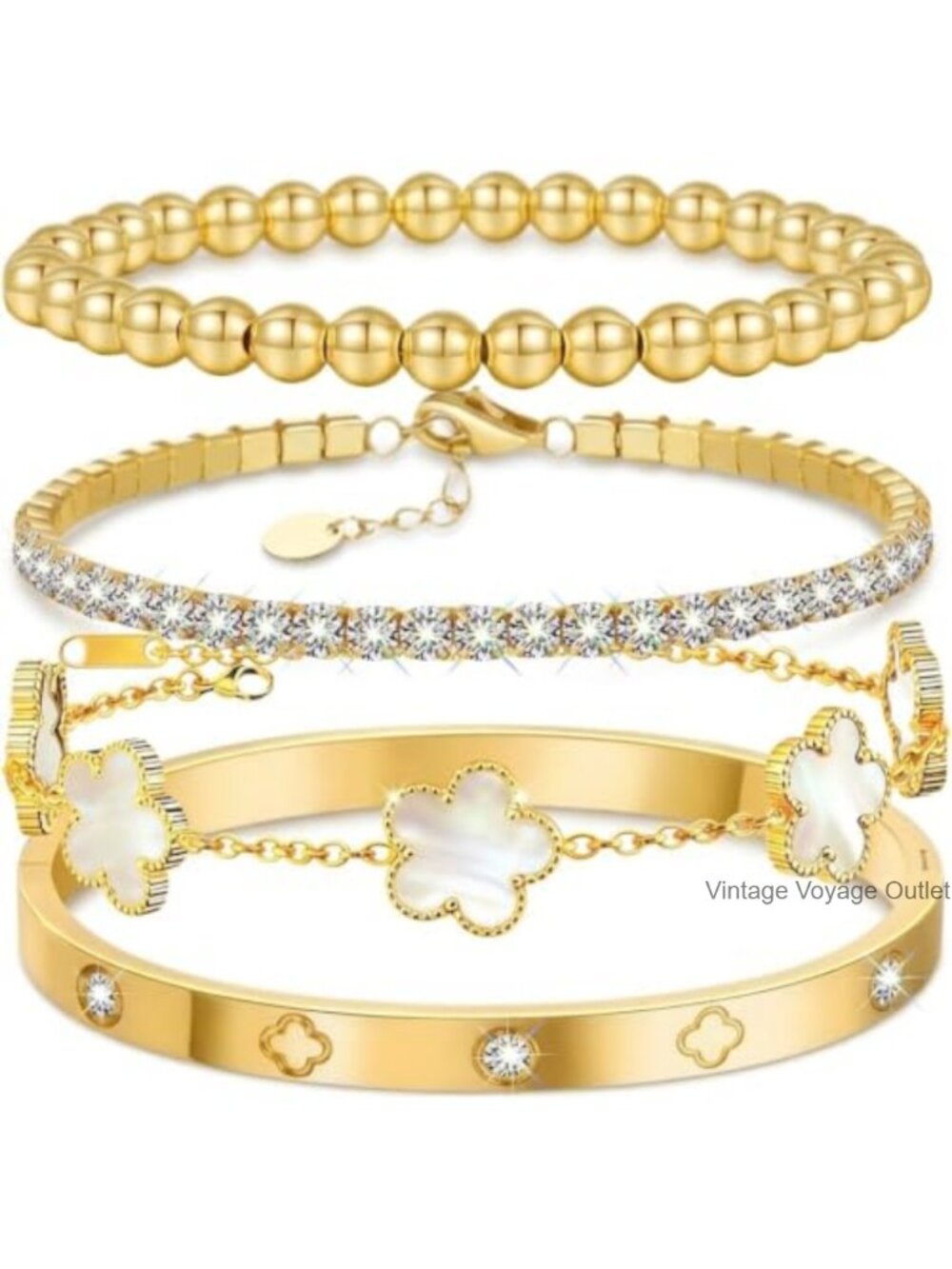 18K Gold Plated Four Leaf Clover Bracelet Set Adjustable Anti-Tarnish